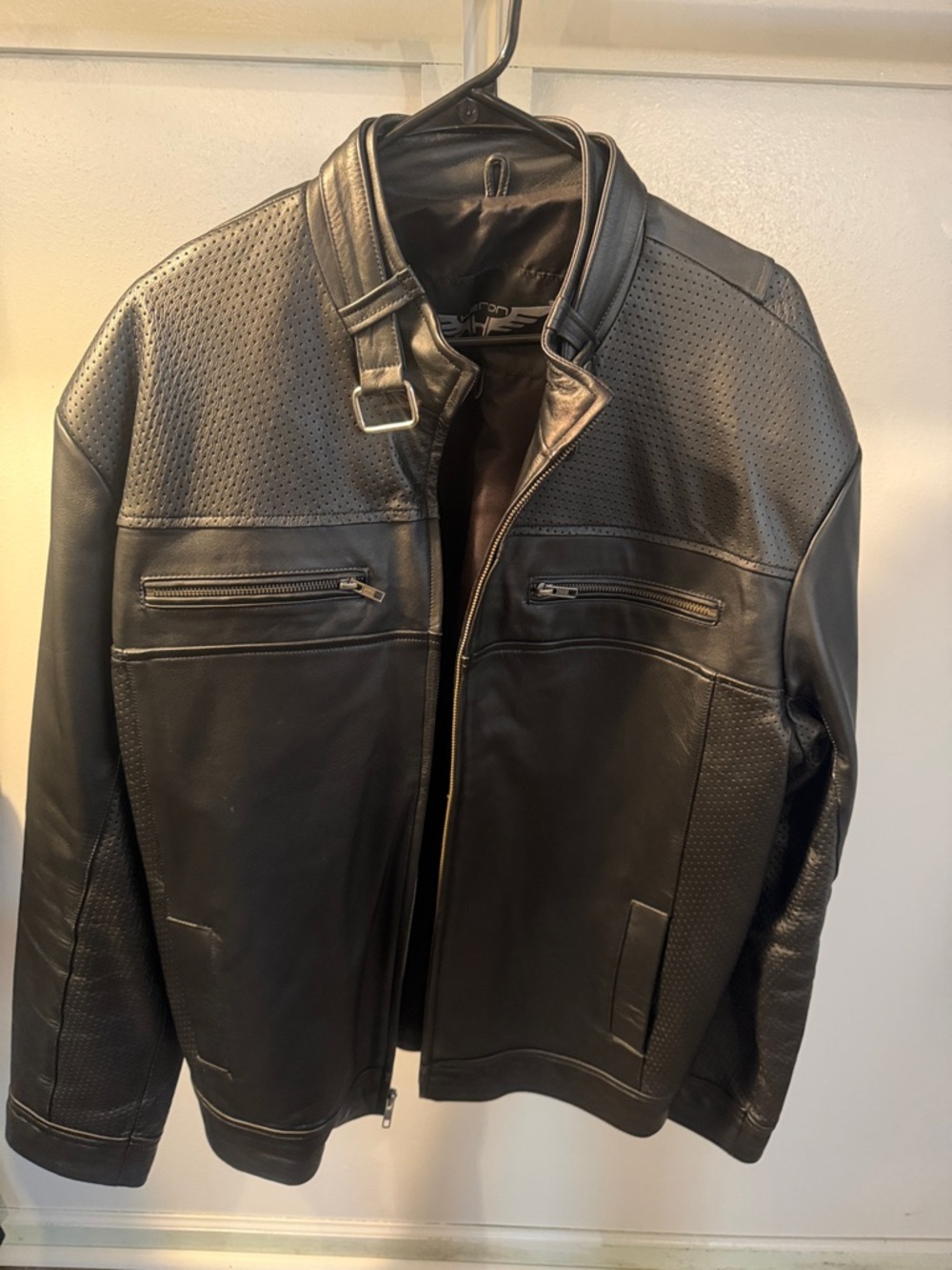 Men's Black Perforated Leather Bomber Jacket with Buckle Collar.